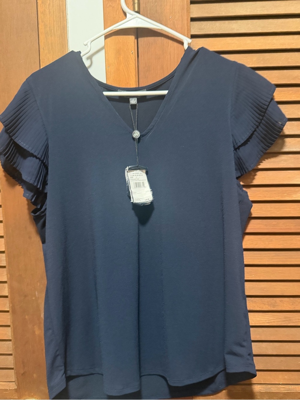 Adrianna Papell Navy V-Neck Pleated Flutter Sleeve Top